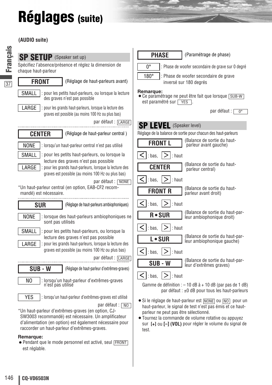 Réglages, Suite), Sp level | Sp setup, Français, Sub - w, Front r, Center, Front l, Phase | Panasonic CQVD6503N User Manual | Page 38 / 100