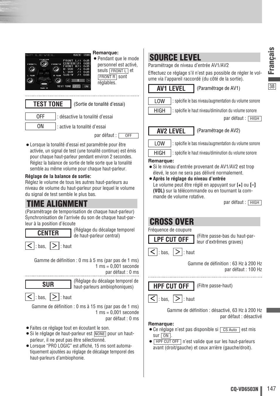 Cross over, Time alignment, Source level | Français, Test tone, Hpf cut off, Lpf cut off, Center, Av2 level, Av1 level | Panasonic CQVD6503N User Manual | Page 39 / 100