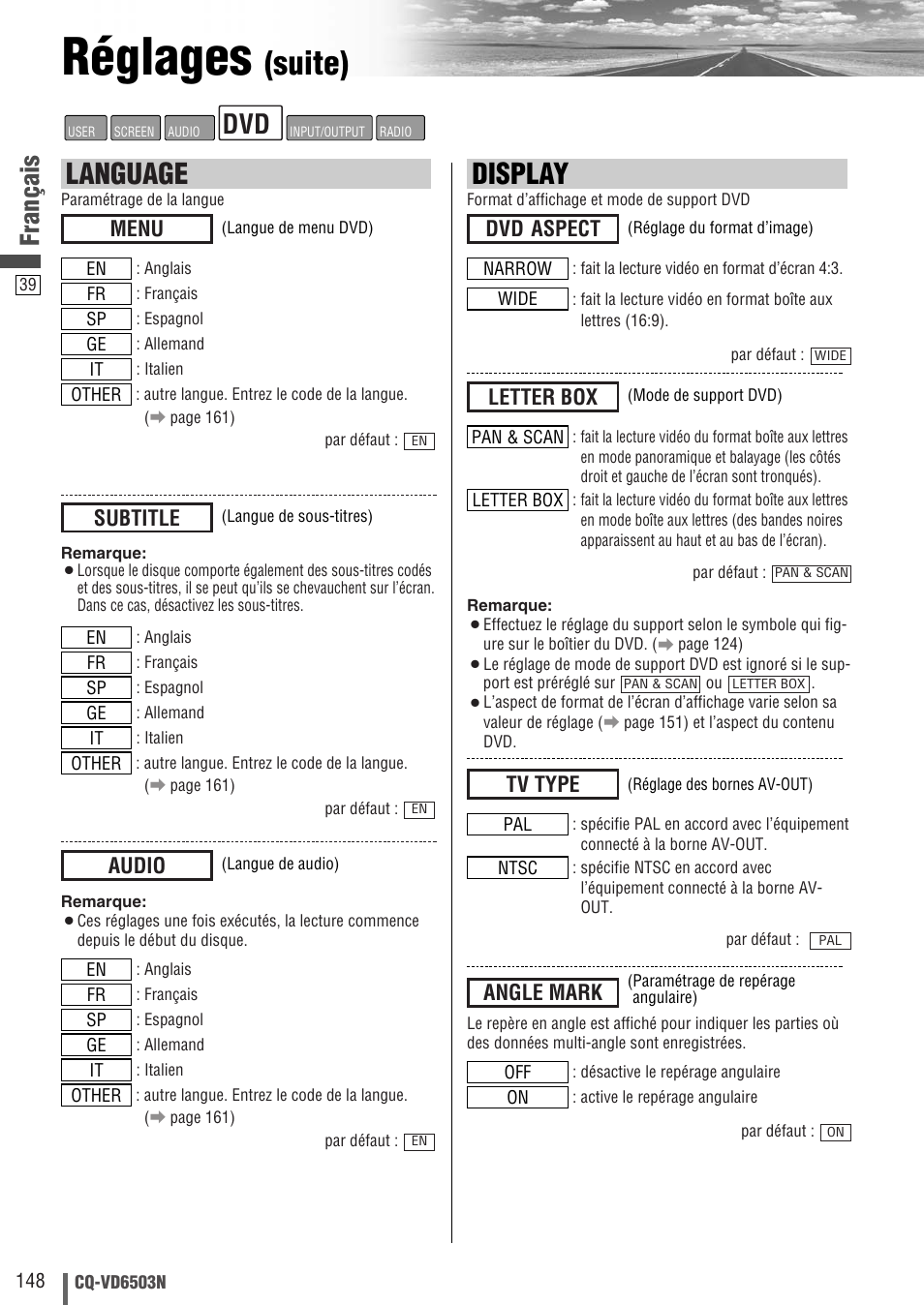 Réglages, Suite), Display | Language, Français, Dvd aspect, Angle mark, Tv type, Letter box, Menu | Panasonic CQVD6503N User Manual | Page 40 / 100