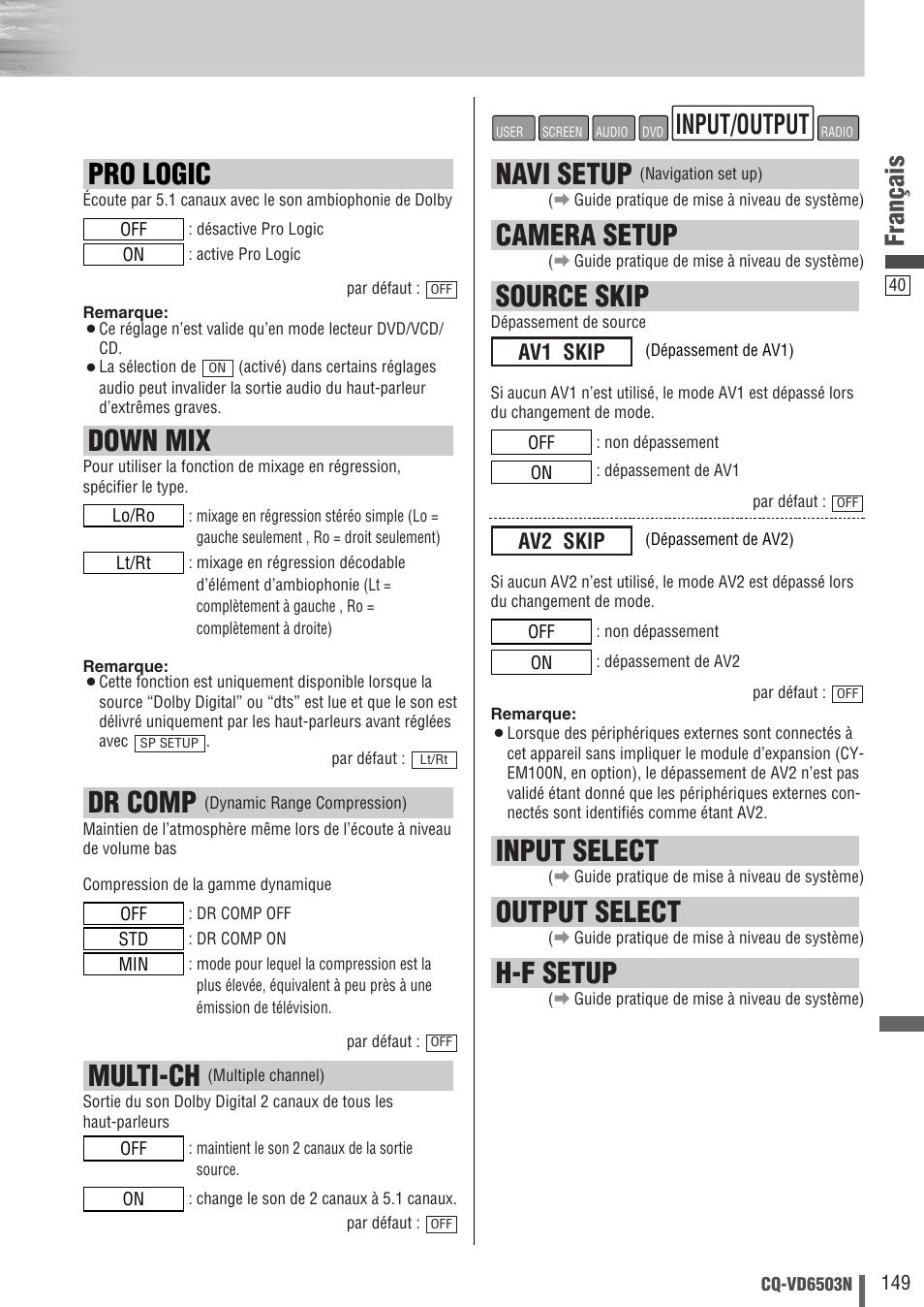 Pro logic, Down mix, Multi-ch | Dr comp, Navi setup, Camera setup, Source skip, Input select, Output select, H-f setup | Panasonic CQVD6503N User Manual | Page 41 / 100