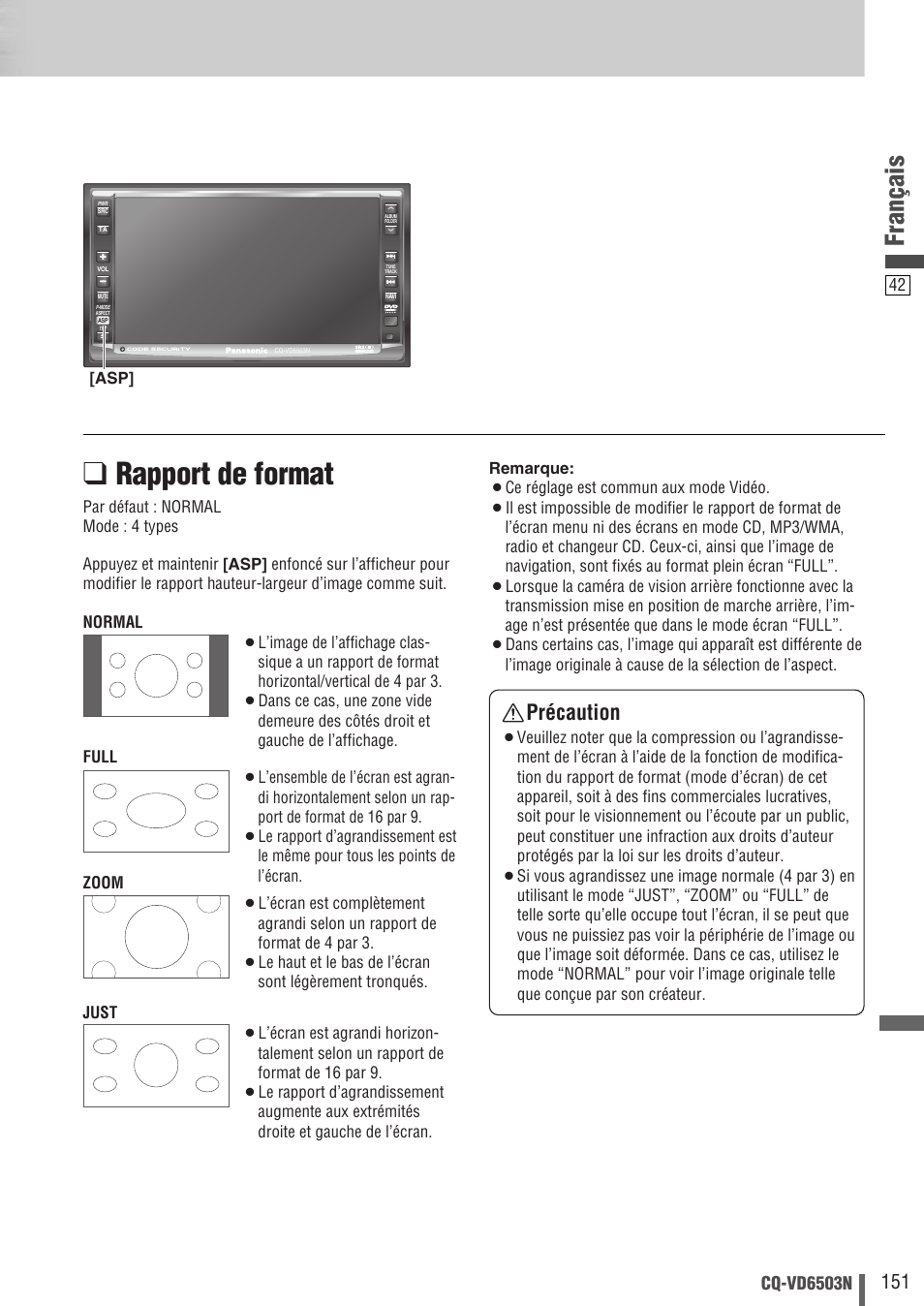 Rapport de format, Français, Précaution | Cq-vd6503n | Panasonic CQVD6503N User Manual | Page 43 / 100