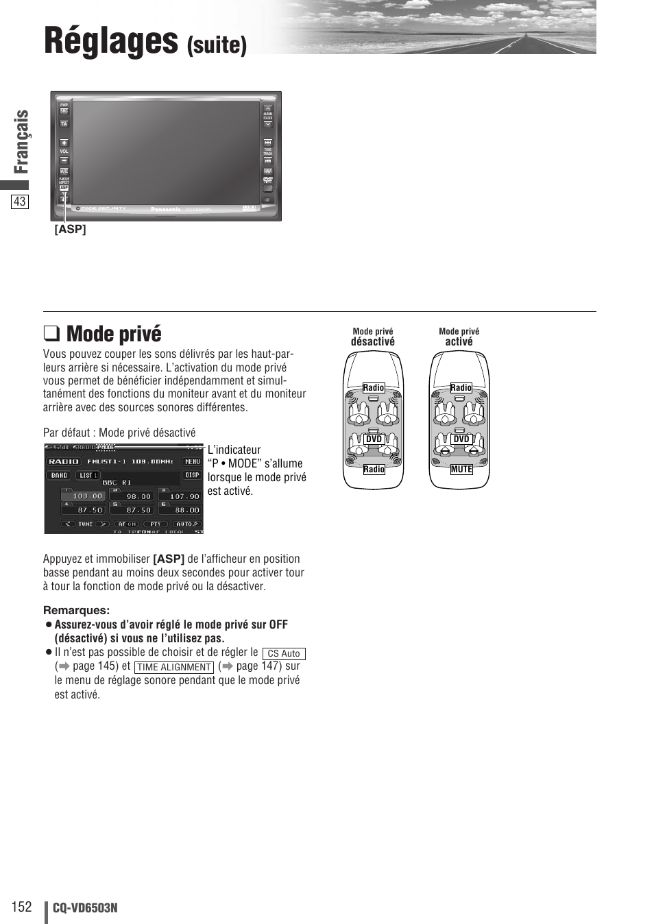 Réglages, Suite), Mode privé | Français, Cq-vd6503n | Panasonic CQVD6503N User Manual | Page 44 / 100