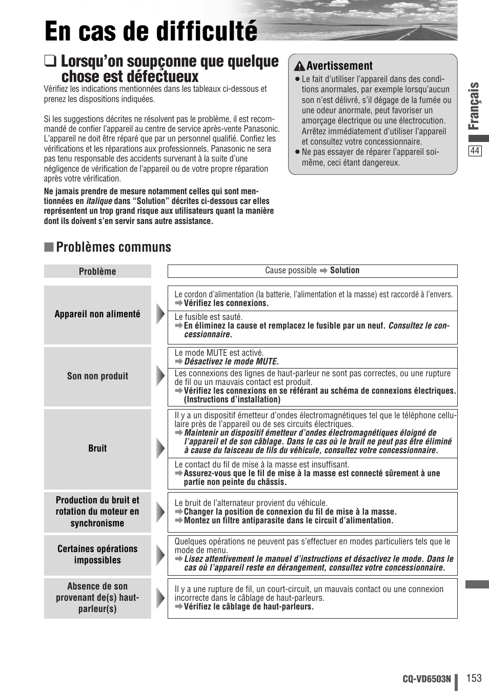 En cas de difficulté, Français, Problèmes communs | Panasonic CQVD6503N User Manual | Page 45 / 100