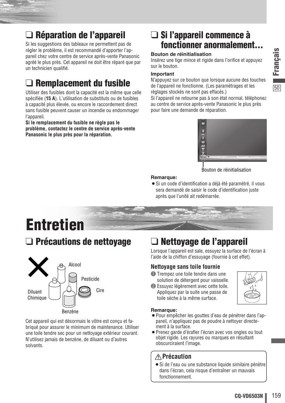 Entretien, Réparation de l’appareil, Remplacement du fusible | Si l’appareil commence à fonctionner anormalement, Nettoyage de l’appareil, Précautions de nettoyage, Français, Précaution | Panasonic CQVD6503N User Manual | Page 51 / 100