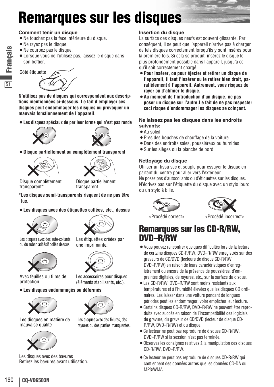 Remarques sur les disques, Remarques sur les cd-r/rw, dvd–r/rw, Français | Panasonic CQVD6503N User Manual | Page 52 / 100
