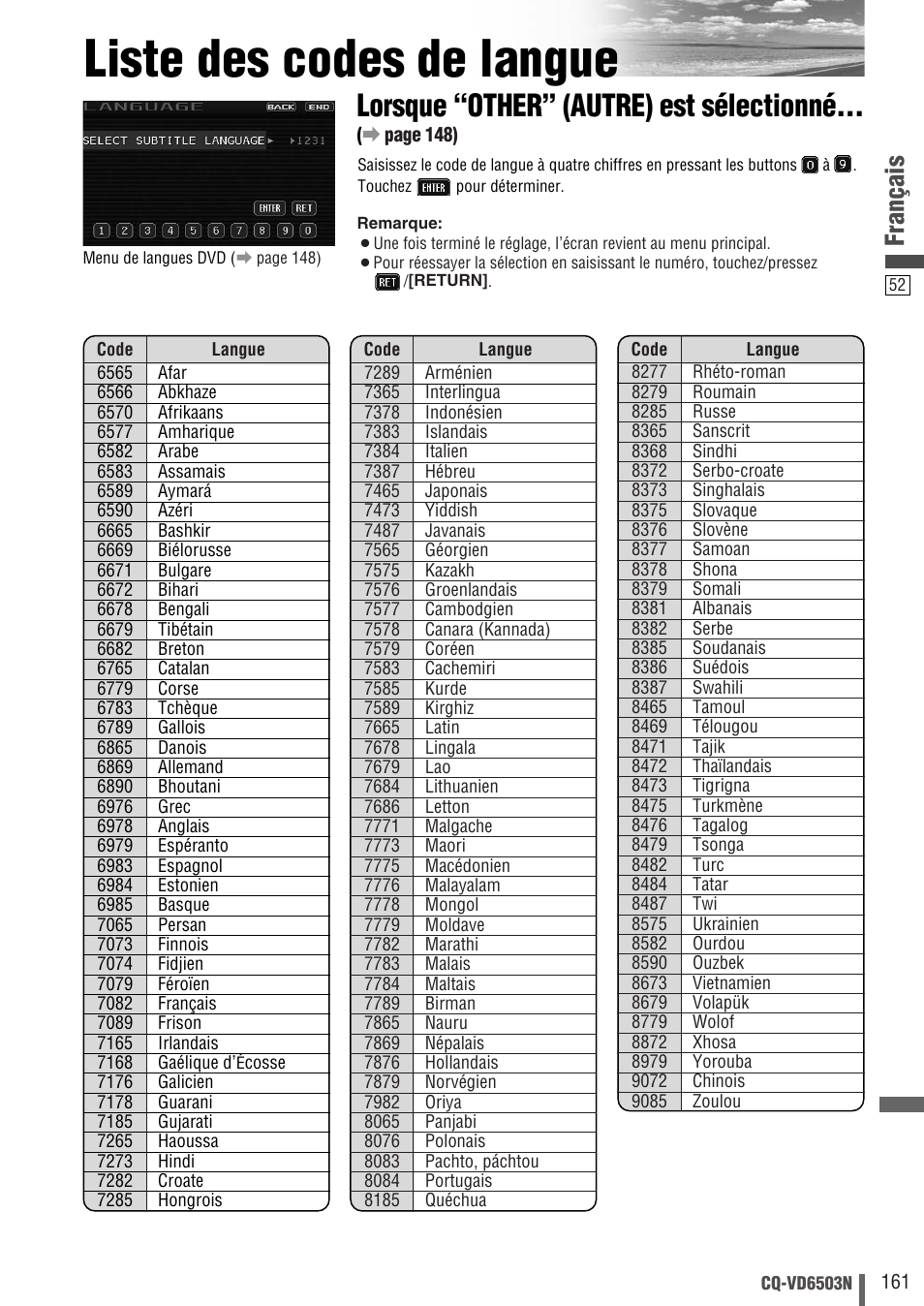 Liste des codes de langue, Lorsque “other” (autre) est sélectionné, Français | Panasonic CQVD6503N User Manual | Page 53 / 100