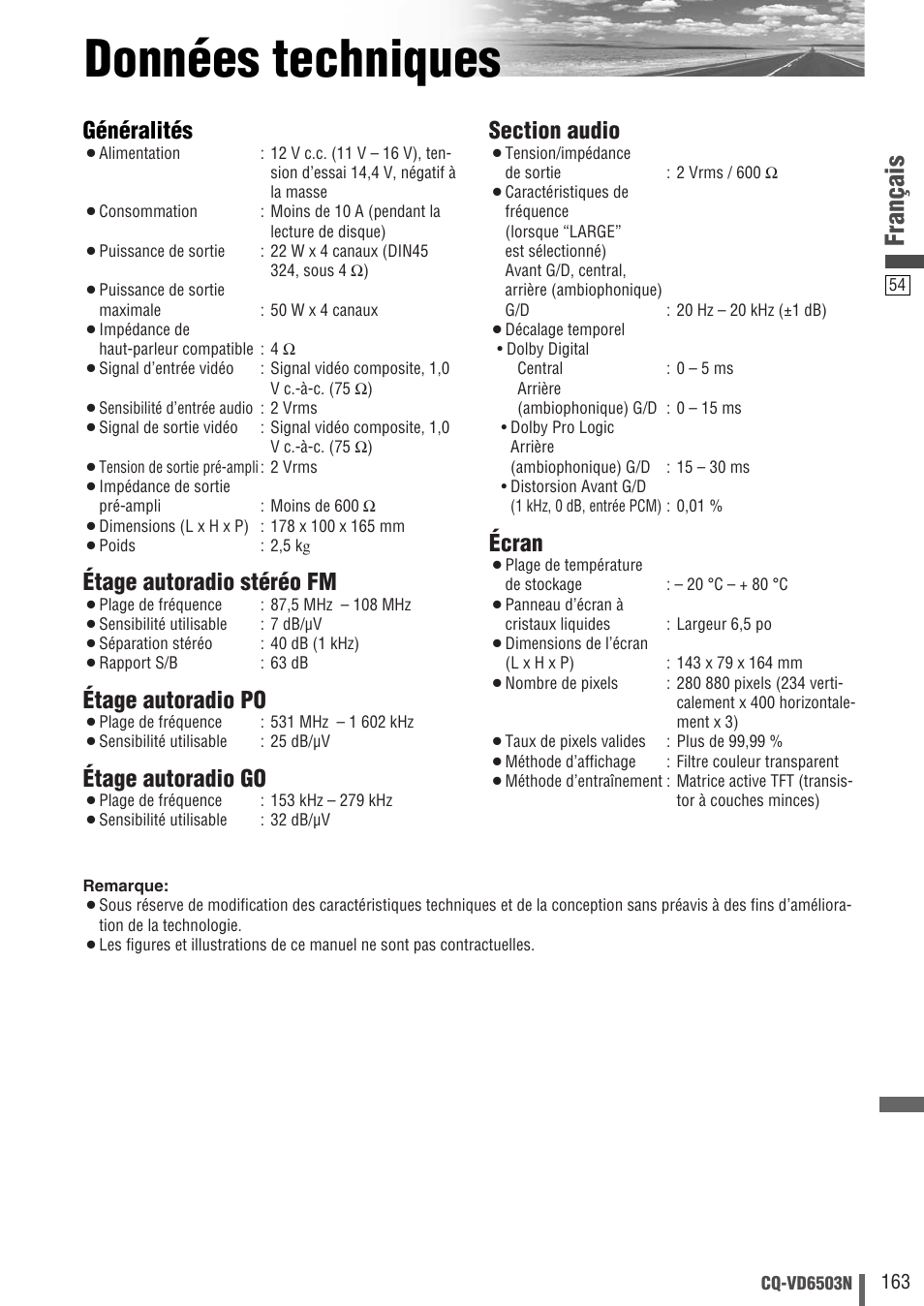 Données techniques, Français, Généralités | Étage autoradio stéréo fm, Étage autoradio po, Étage autoradio go, Écran | Panasonic CQVD6503N User Manual | Page 55 / 100