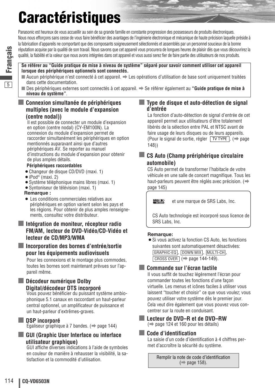 Caractéristiques, Français | Panasonic CQVD6503N User Manual | Page 6 / 100