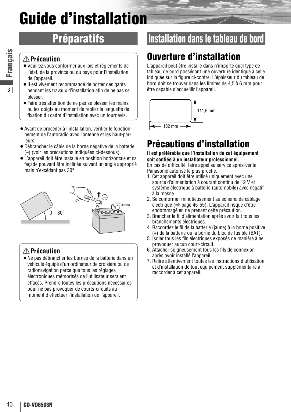 Guide d’installation, Préparatifs installation dans le tableau de bord, Ouverture d’installation | Précautions d’installation, Français | Panasonic CQVD6503N User Manual | Page 60 / 100