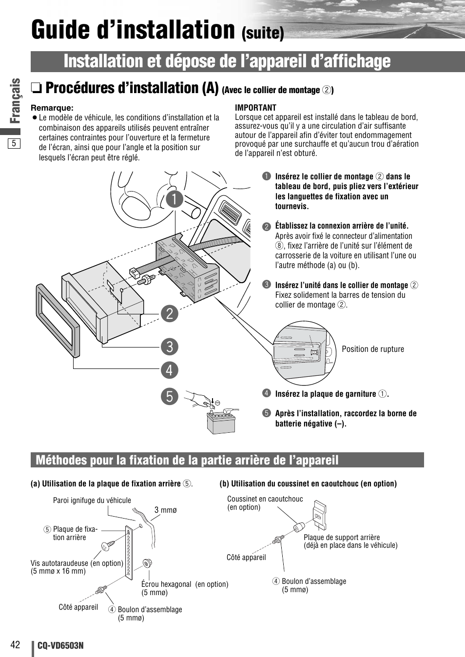 Guide d’installation, Installation et dépose de l’appareil d’affichage, Qw t | Suite), Procédures d’installation (a), Français | Panasonic CQVD6503N User Manual | Page 62 / 100