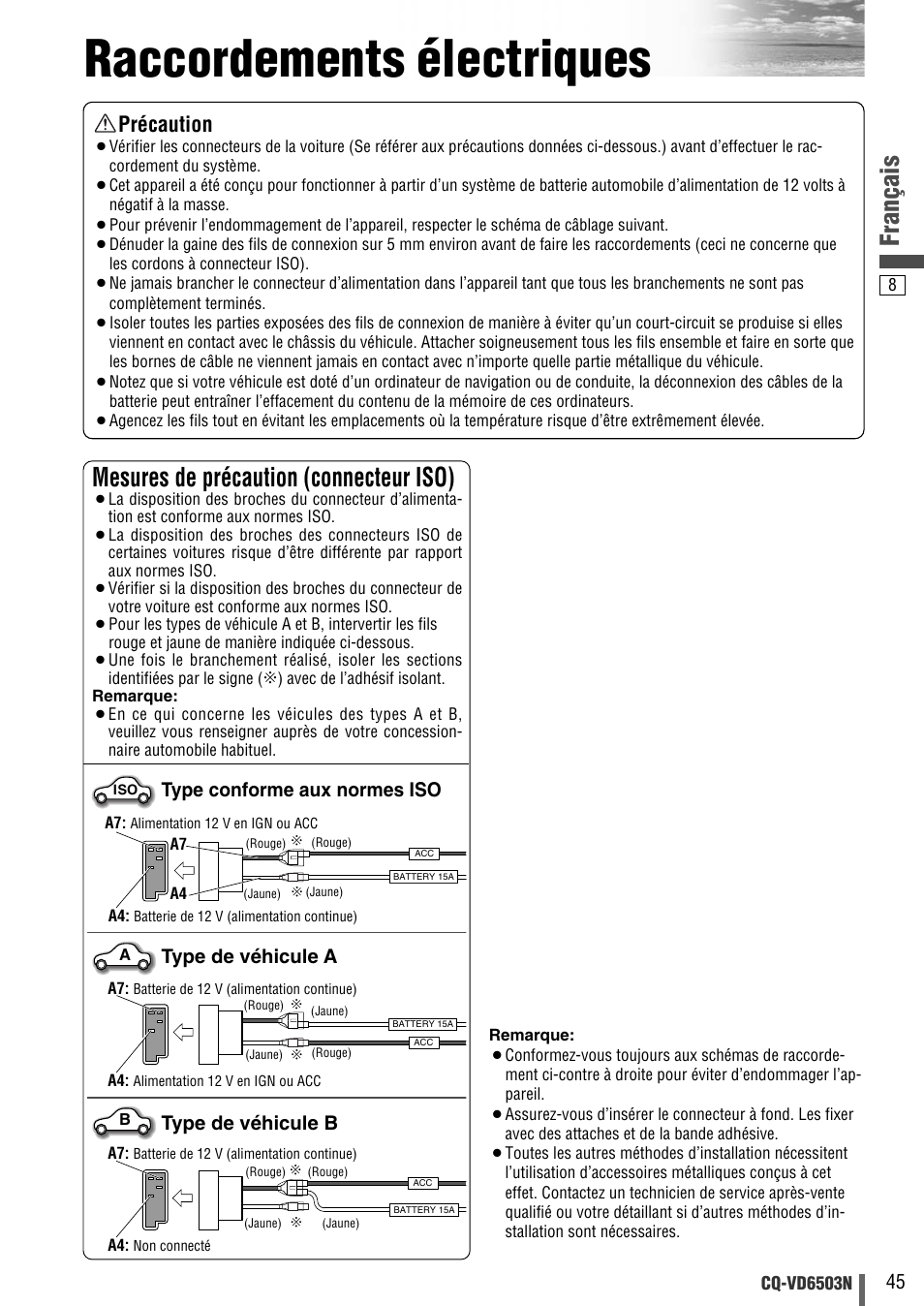 Raccordements électriques, Français, Mesures de précaution (connecteur iso) | Précaution | Panasonic CQVD6503N User Manual | Page 65 / 100