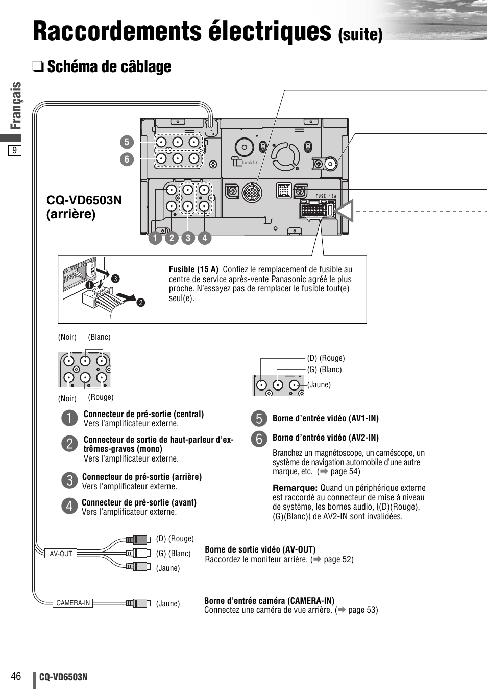 Raccordements électriques, Suite), We r t y | Schéma de câblage, Français, Arrière, Cq-vd6503n | Panasonic CQVD6503N User Manual | Page 66 / 100