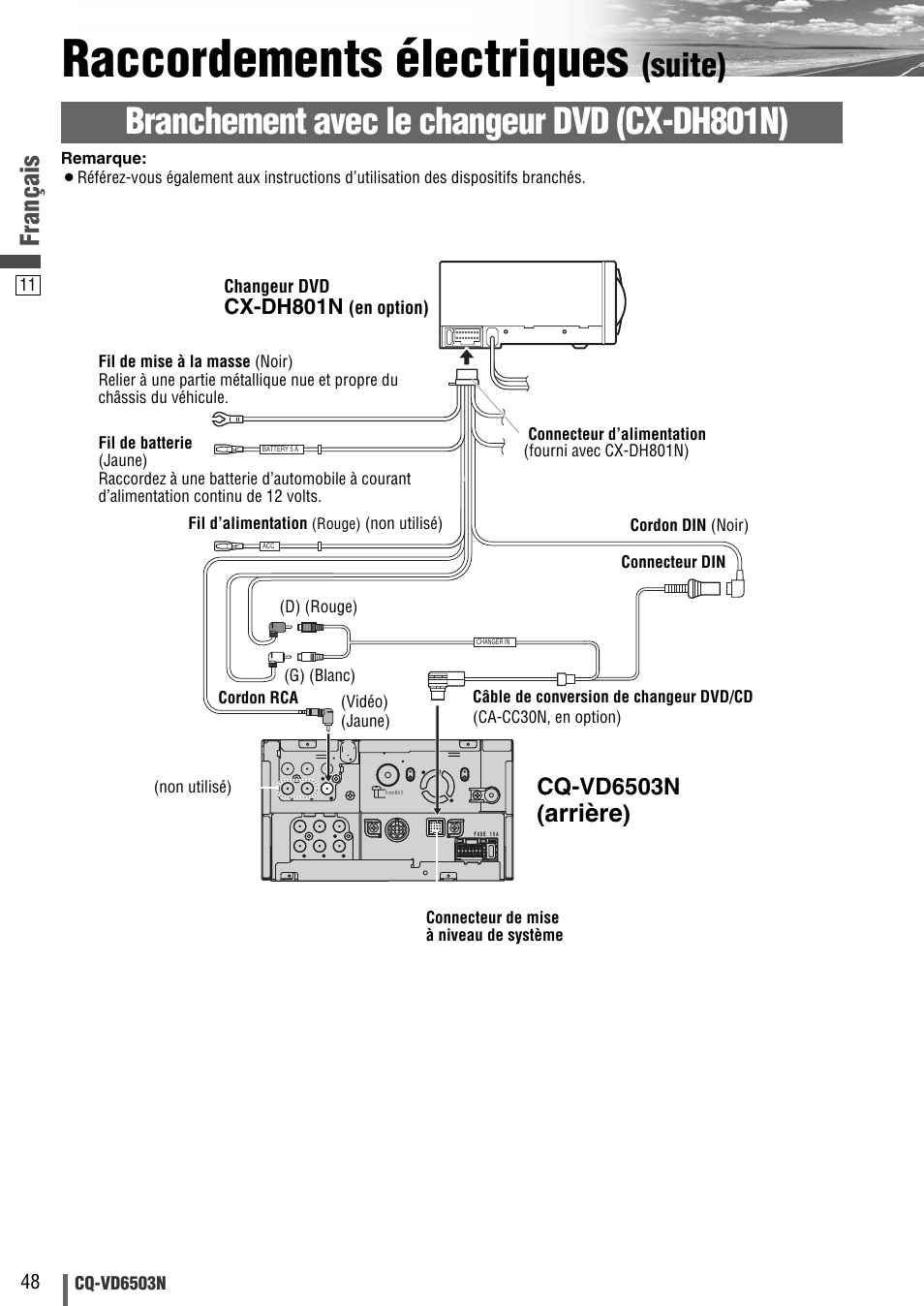 Raccordements électriques, Branchement avec le changeur dvd (cx-dh801n), Suite) | Français, Arrière, Cq-vd6503n, Cx-dh801n | Panasonic CQVD6503N User Manual | Page 68 / 100