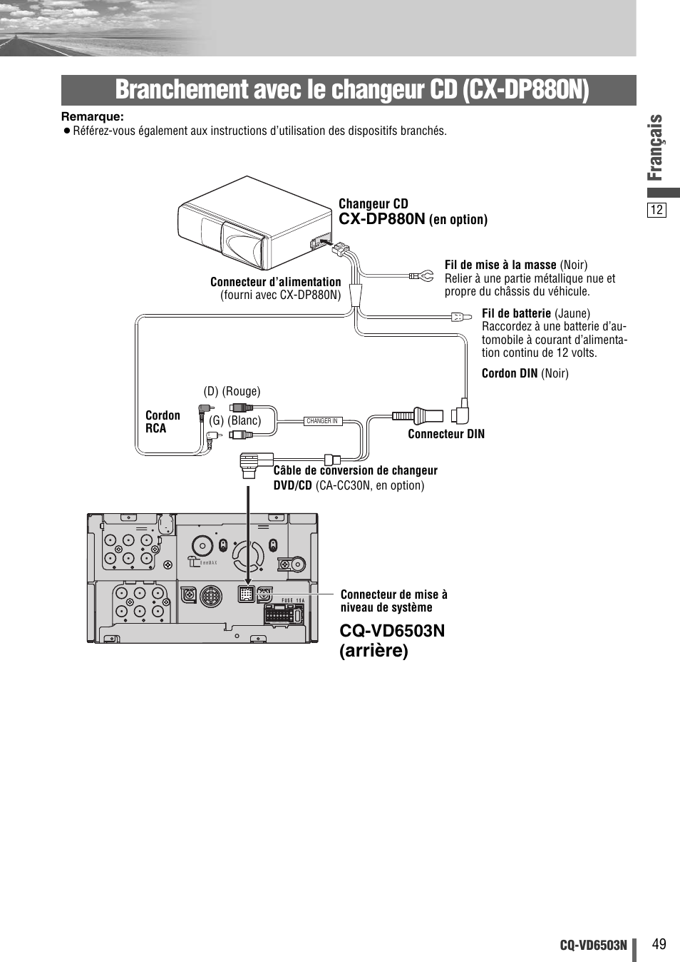 Branchement avec le changeur cd (cx-dp880n), Français, Arrière | Cq-vd6503n, Cx-dp880n | Panasonic CQVD6503N User Manual | Page 69 / 100