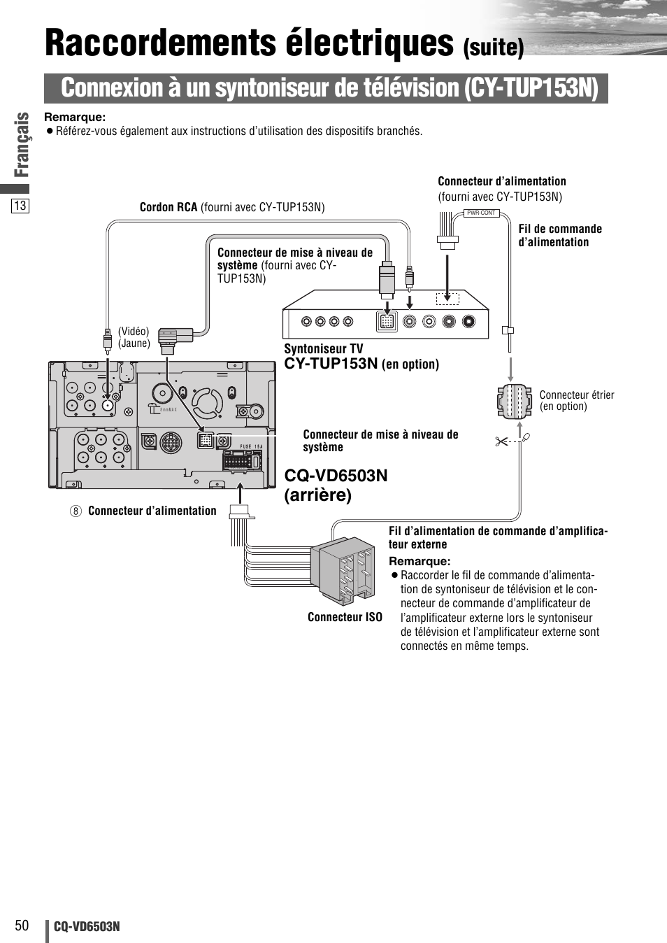 Raccordements électriques, Suite), Français | Arrière, Cq-vd6503n, Cy-tup153n | Panasonic CQVD6503N User Manual | Page 70 / 100