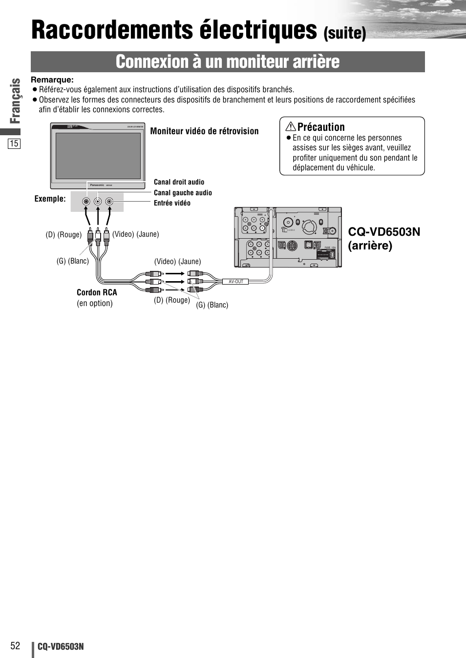 Raccordements électriques, Connexion à un moniteur arrière, Suite) | Français, Cq-vd6503n (arrière), Précaution | Panasonic CQVD6503N User Manual | Page 72 / 100