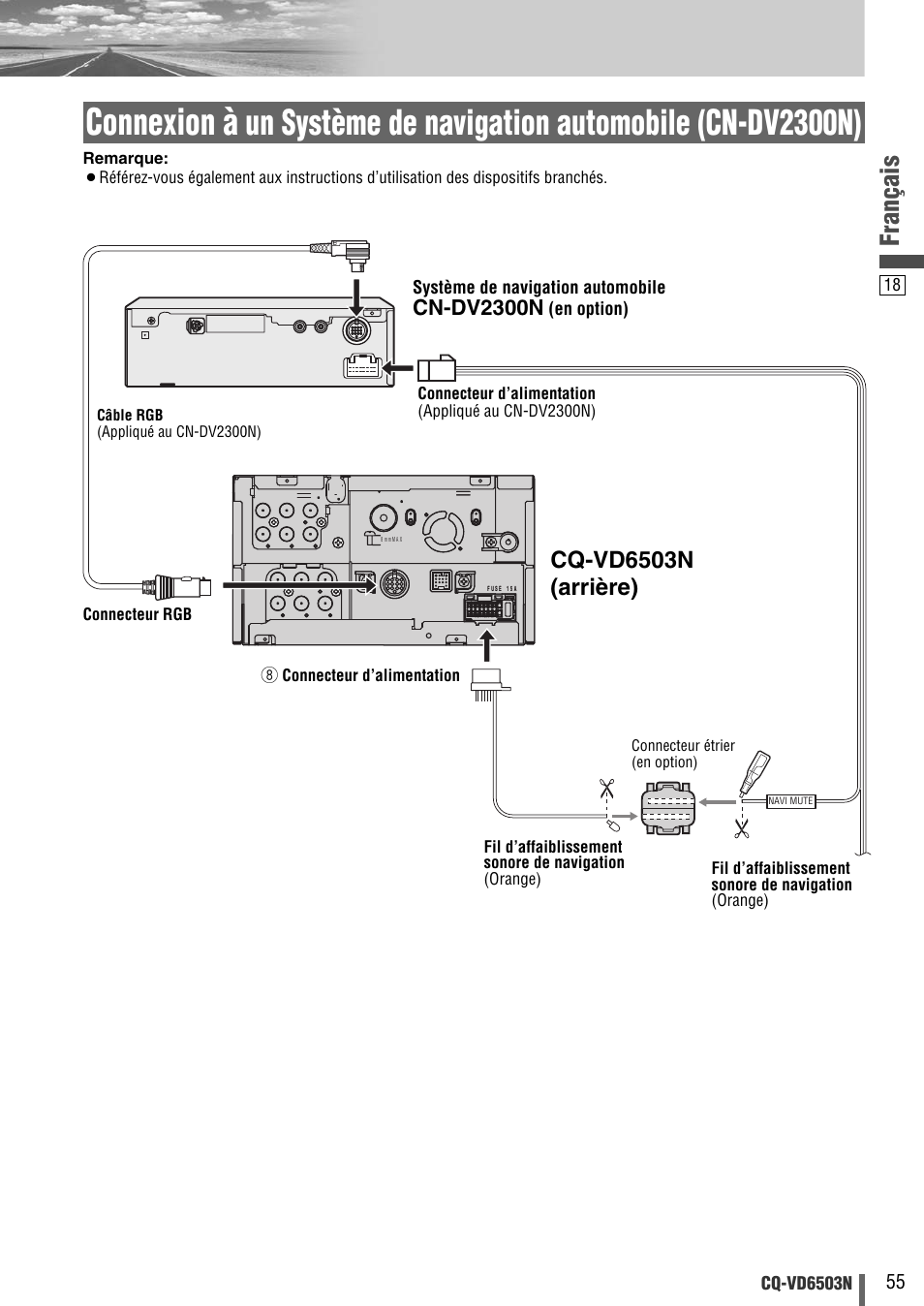 Connexion à, Un système de navigation automobile (cn-dv2300n), Français | Cq-vd6503n (arrière), Cn-dv2300n | Panasonic CQVD6503N User Manual | Page 75 / 100