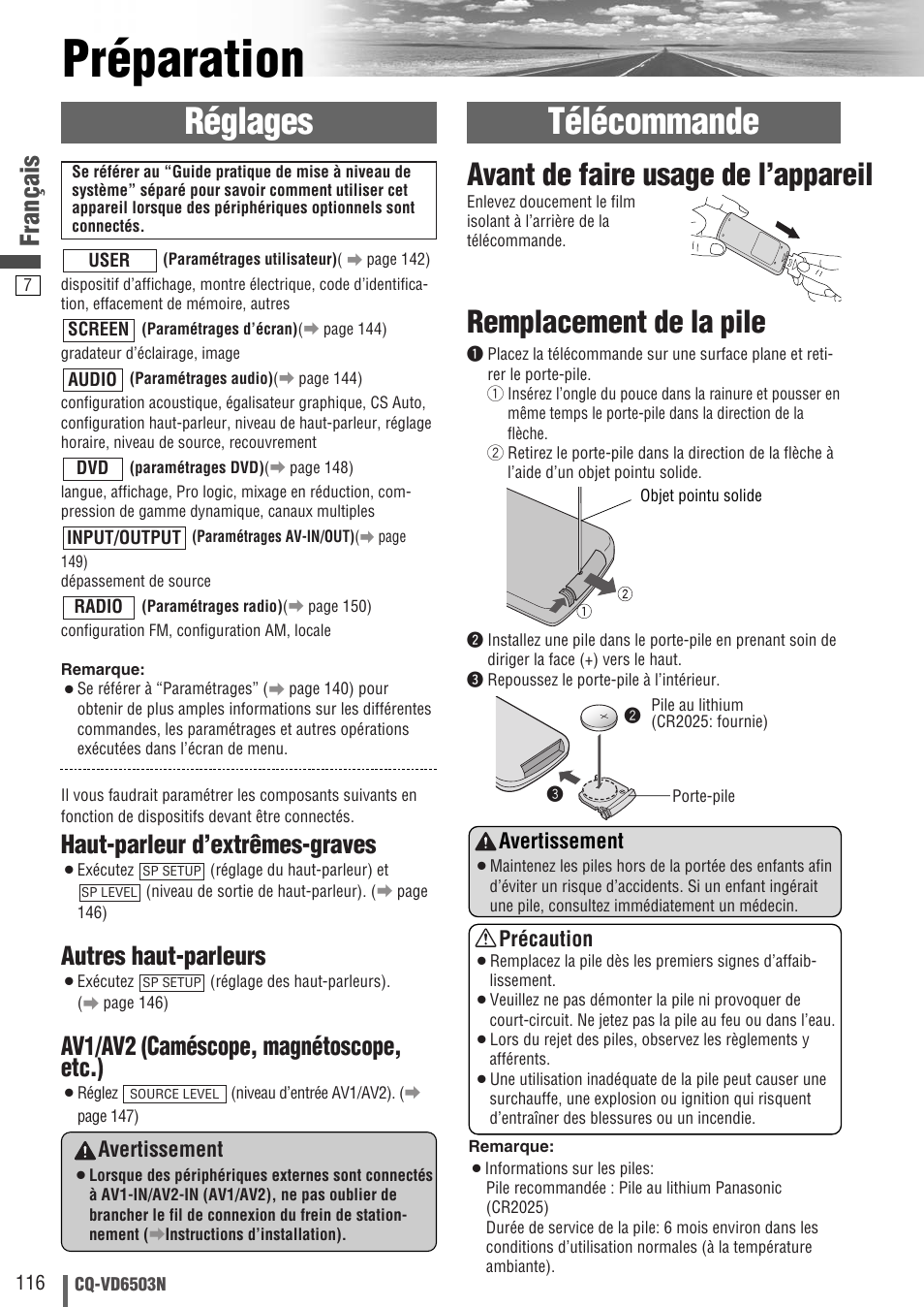 Préparation, Télécommande réglages, Remplacement de la pile | Avant de faire usage de l’appareil, Français, Haut-parleur d’extrêmes-graves, Autres haut-parleurs, Av1/av2 (caméscope, magnétoscope, etc.), Avertissement, Précaution | Panasonic CQVD6503N User Manual | Page 8 / 100