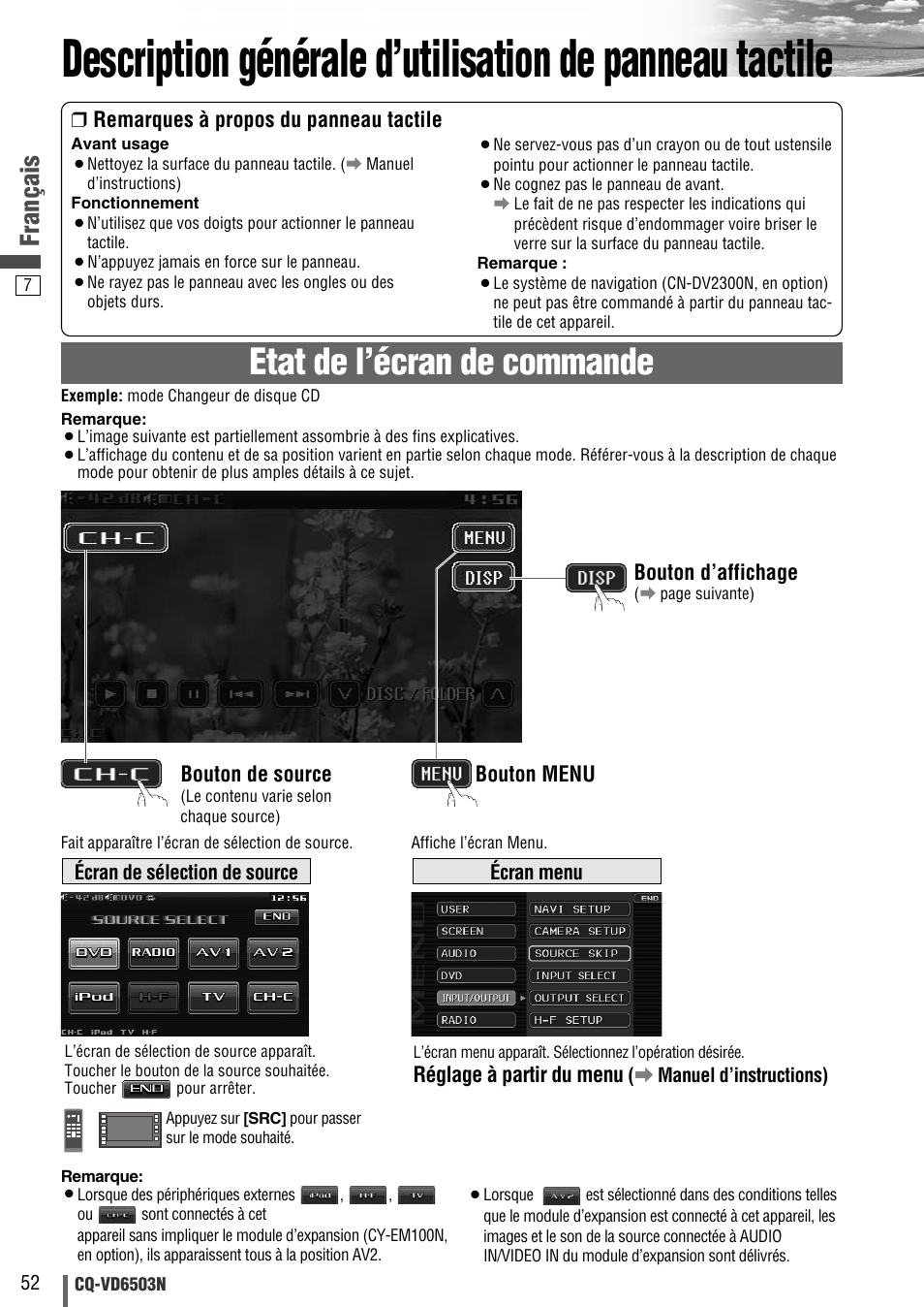 Etat de l’écran de commande, Français | Panasonic CQVD6503N User Manual | Page 84 / 100