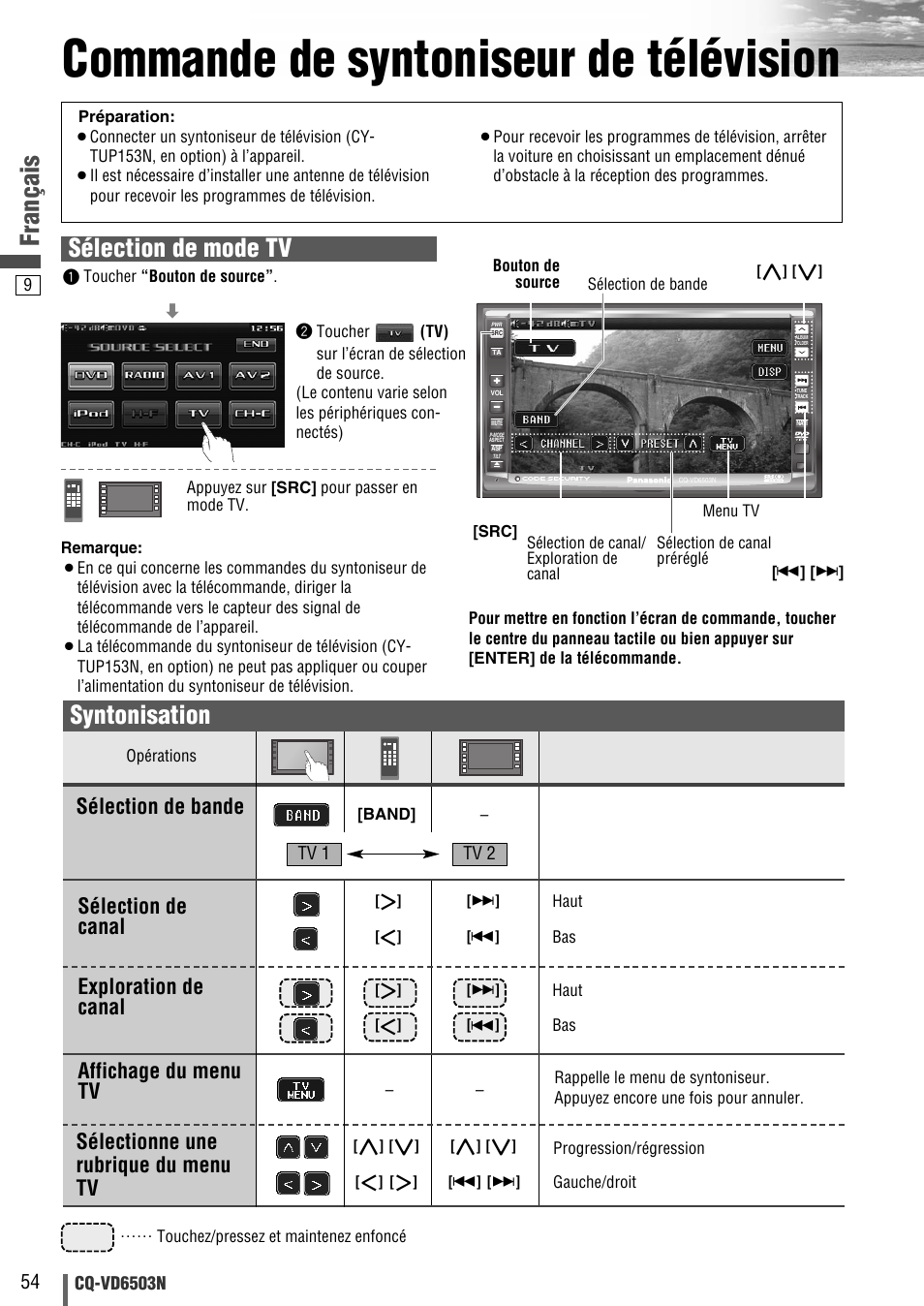 Commande de syntoniseur de télévision, Français, Syntonisation | Sélection de mode tv, Sélectionne une rubrique du menu tv, Sélection de bande | Panasonic CQVD6503N User Manual | Page 86 / 100
