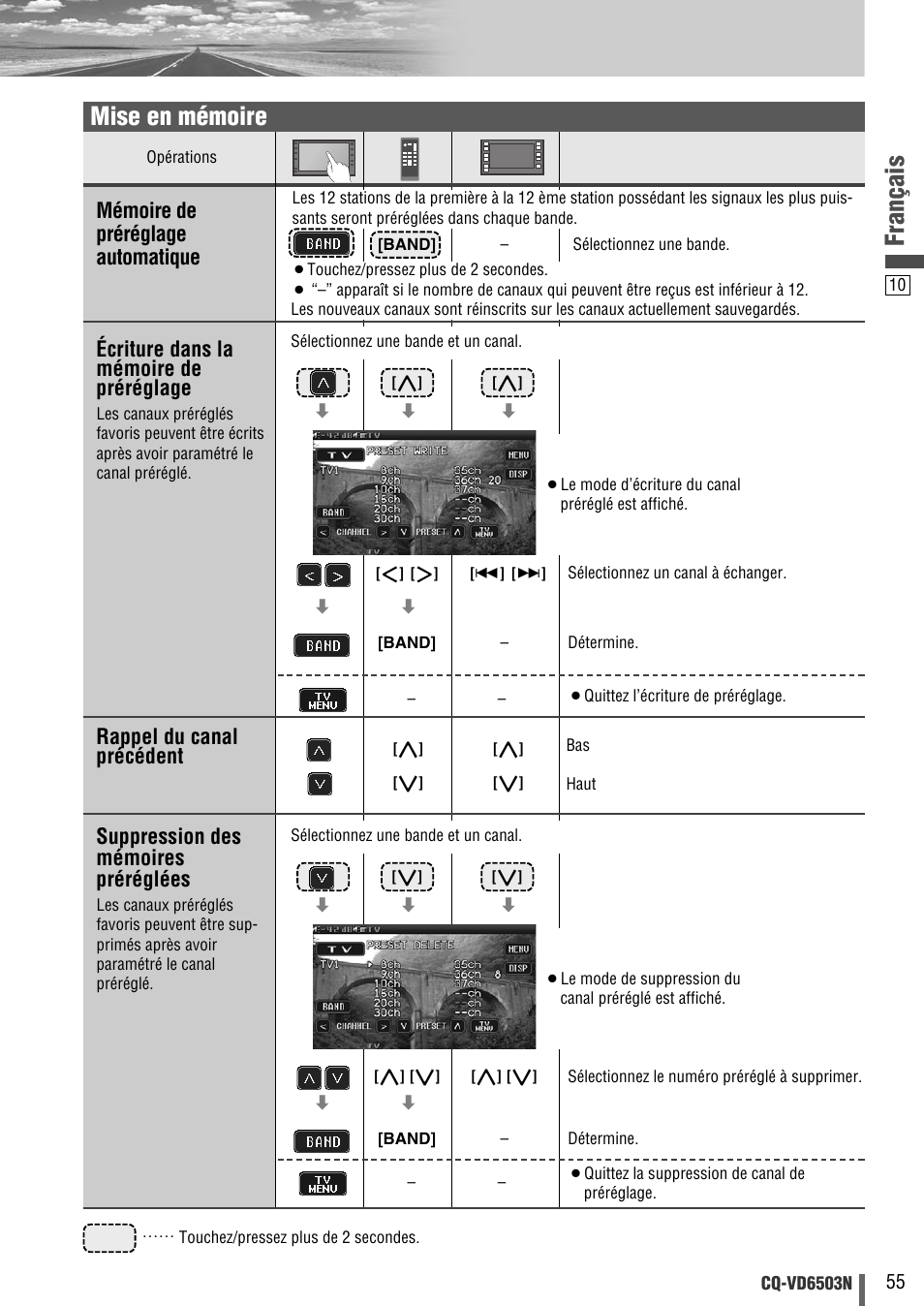 Français, Mise en mémoire, Mémoire de préréglage automatique | Écriture dans la mémoire de préréglage, Suppression des mémoires préréglées, Rappel du canal précédent | Panasonic CQVD6503N User Manual | Page 87 / 100