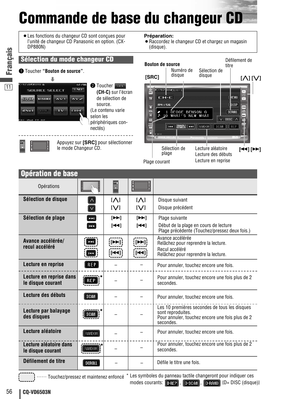 Commande de base du changeur cd, Français, Opération de base | Sélection du mode changeur cd | Panasonic CQVD6503N User Manual | Page 88 / 100