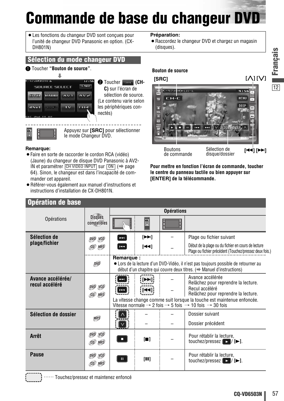 Commande de base du changeur dvd, Français, Opération de base | Sélection du mode changeur dvd, Cq-vd6503n, Sélection de dossier, Arrêt, Pause | Panasonic CQVD6503N User Manual | Page 89 / 100