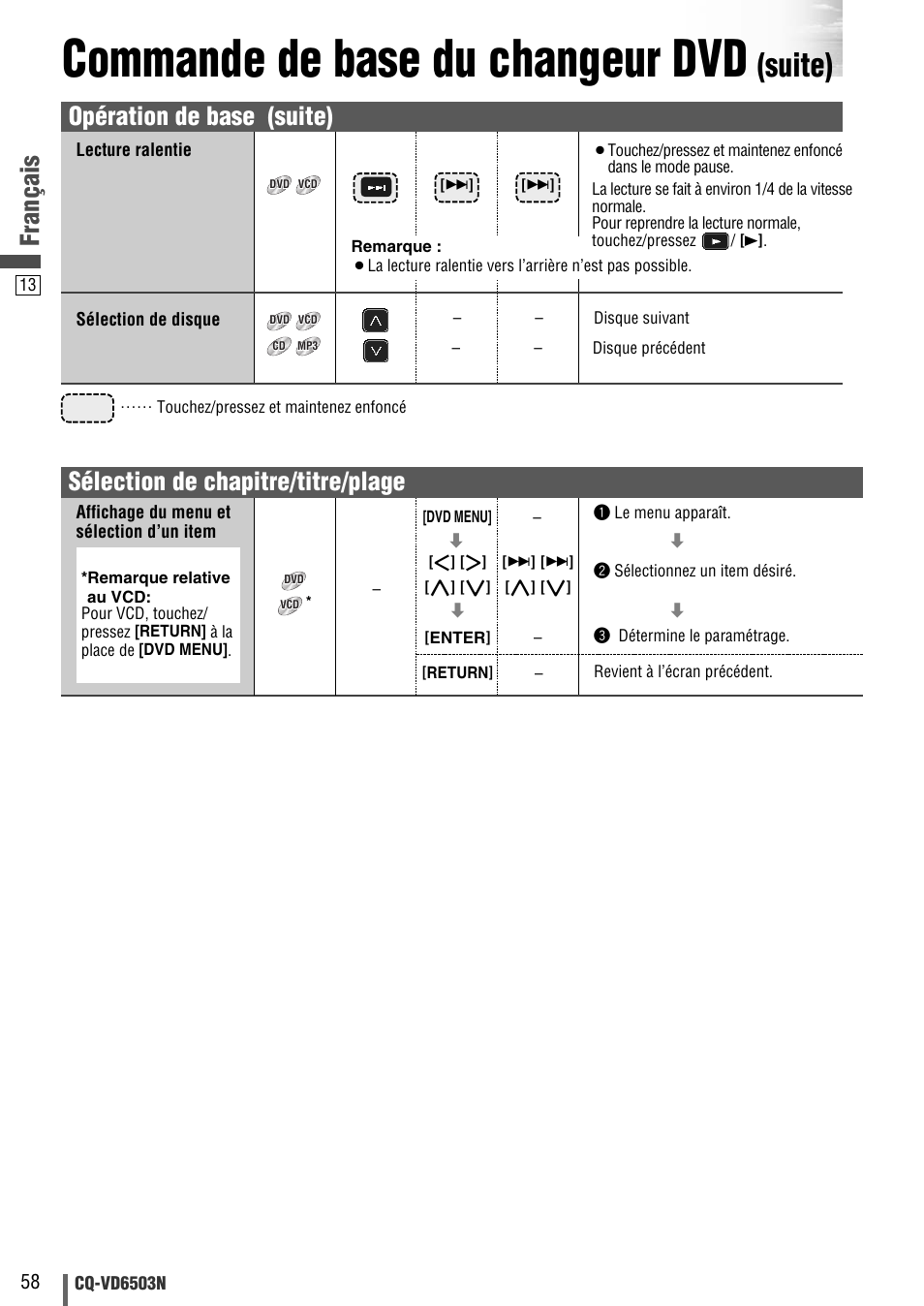 Commande de base du changeur dvd, Suite), Français | Opération de base (suite), Sélection de chapitre/titre/plage | Panasonic CQVD6503N User Manual | Page 90 / 100
