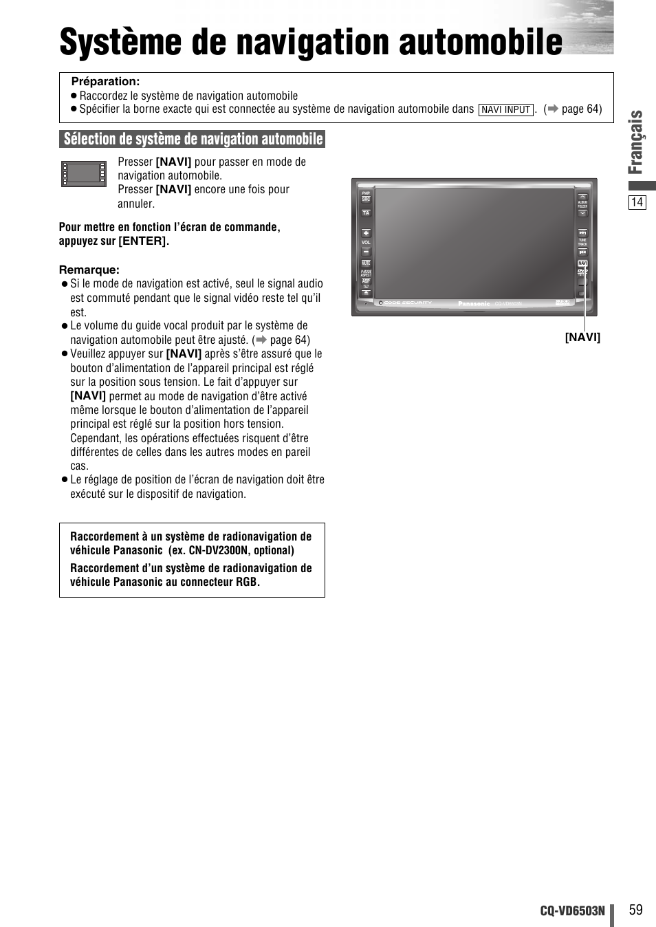 Système de navigation automobile, Français, Sélection de système de navigation automobile | Cq-vd6503n | Panasonic CQVD6503N User Manual | Page 91 / 100