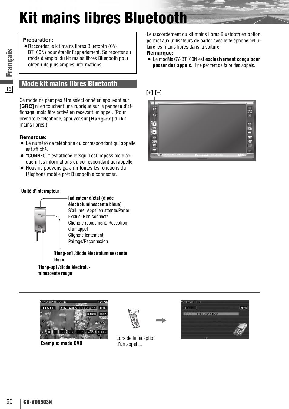 Kit mains libres bluetooth, Français, Mode kit mains libres bluetooth | Cq-vd6503n | Panasonic CQVD6503N User Manual | Page 92 / 100
