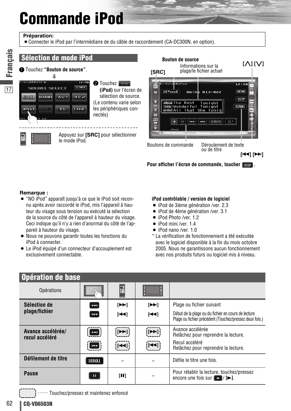 Commande ipod, Français, Opération de base | Sélection de mode ipod | Panasonic CQVD6503N User Manual | Page 94 / 100