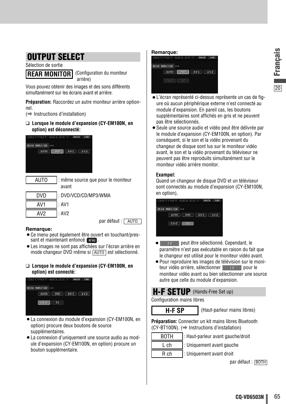 Output select, H-f setup, Français | Rear monitor, H-f sp | Panasonic CQVD6503N User Manual | Page 97 / 100