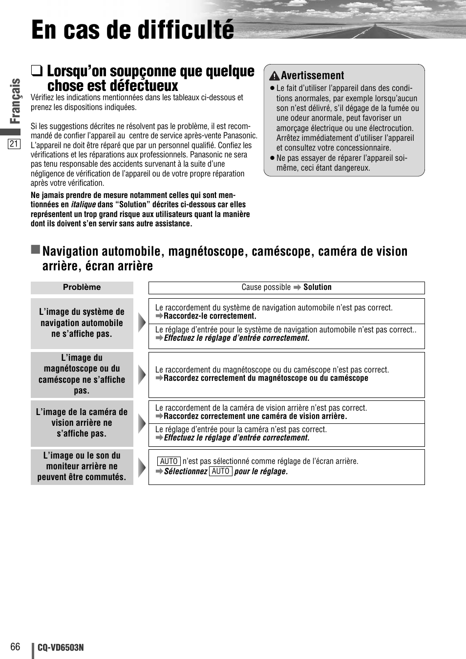 En cas de difficulté, Français | Panasonic CQVD6503N User Manual | Page 98 / 100