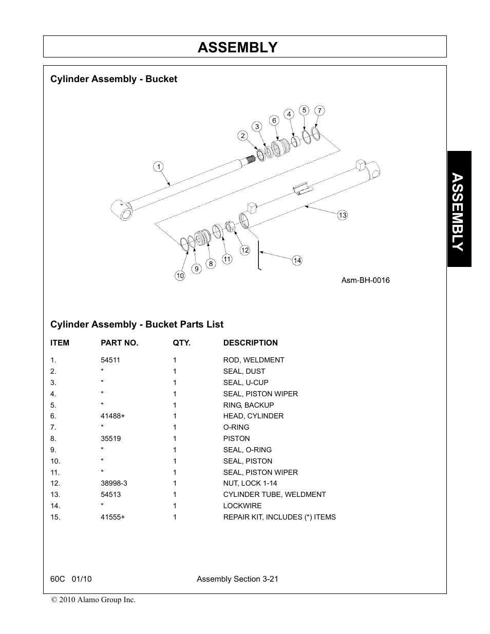 Cylinder assembly - bucket, Cylinder assembly - bucket parts list, Assembly | Assembl y | Alamo 60C User Manual | Page 49 / 74