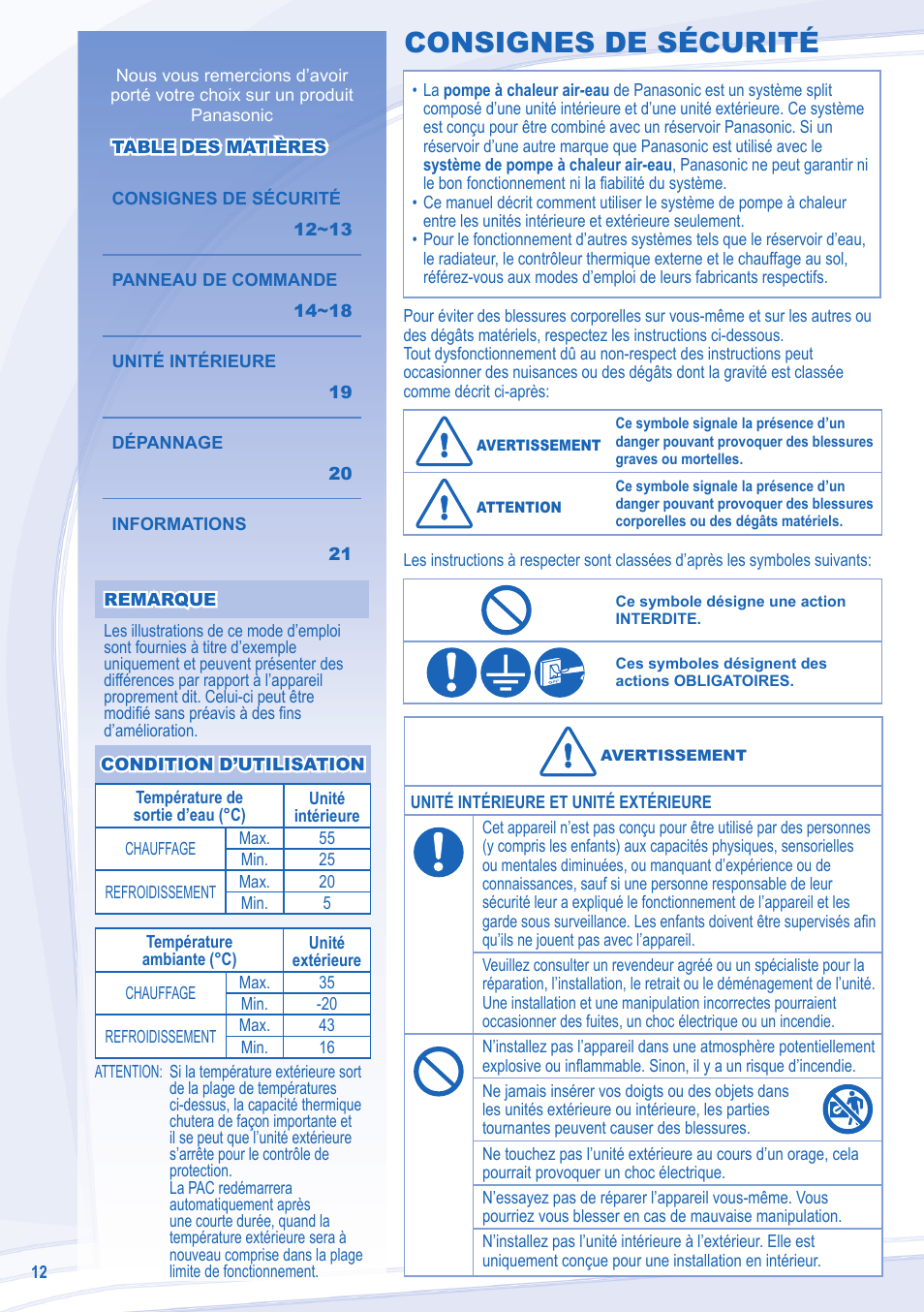 Consignes de sécurité | Panasonic WHUD12CE8 User Manual | Page 2 / 12