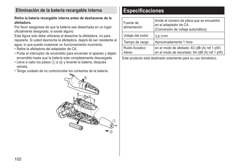 Especificaciones, Eliminación de la batería recargable interna | Panasonic ESLV65 User Manual | Page 102 / 282