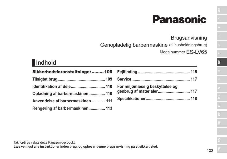 Indhold, Brugsanvisning genopladelig barbermaskine, Es-lv65 | Panasonic ESLV65 User Manual | Page 103 / 282