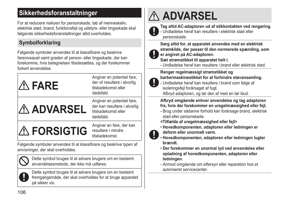 Fare, Advarsel, Forsigtig | Sikkerhedsforanstaltninger | Panasonic ESLV65 User Manual | Page 106 / 282