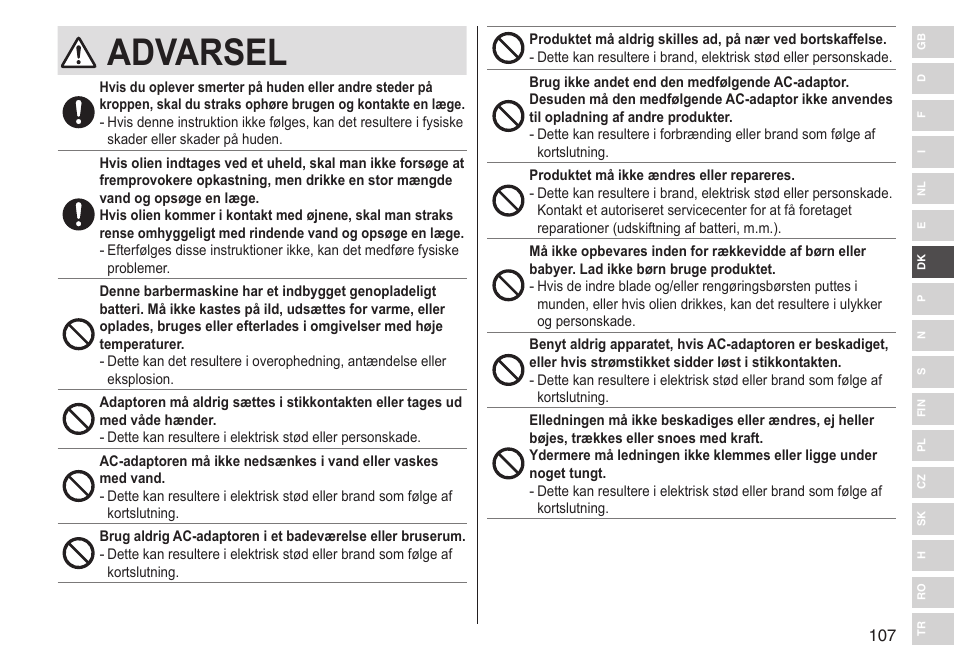Advarsel | Panasonic ESLV65 User Manual | Page 107 / 282