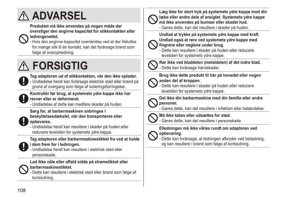 Advarsel, Forsigtig | Panasonic ESLV65 User Manual | Page 108 / 282