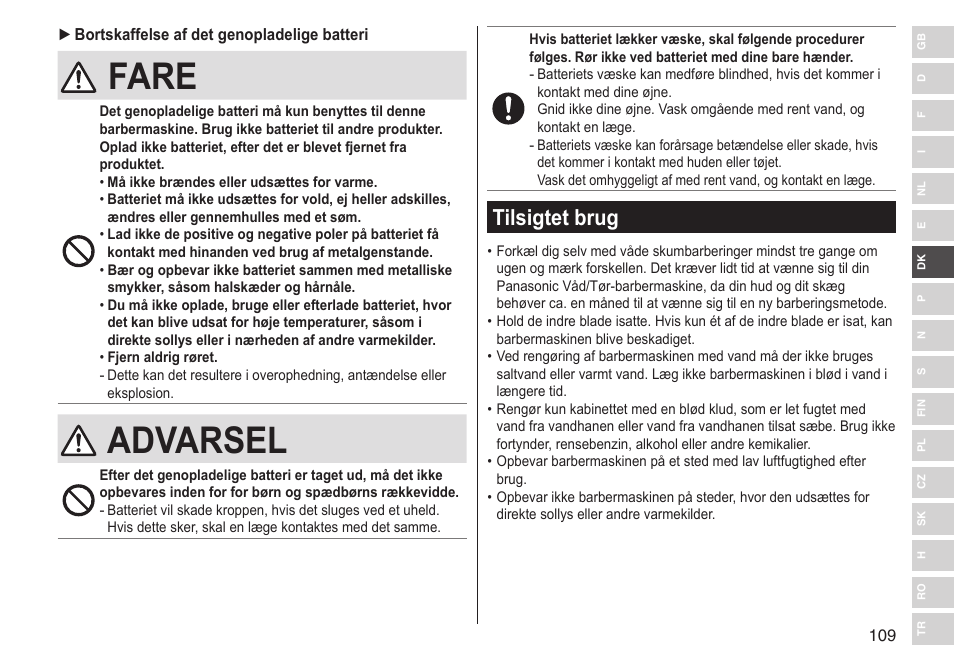 Fare, Advarsel, Tilsigtet brug | Panasonic ESLV65 User Manual | Page 109 / 282