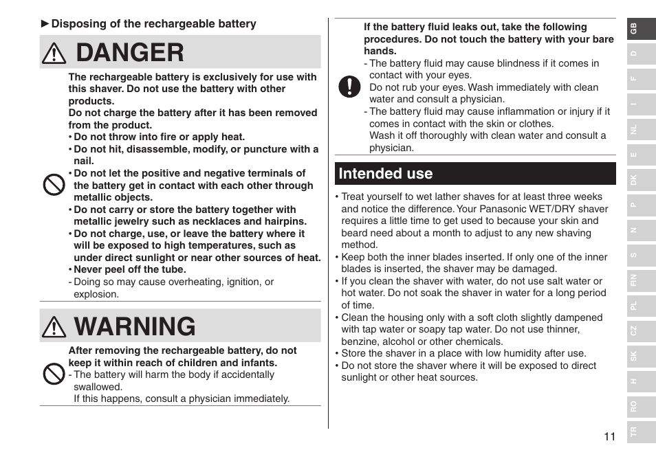 Danger, Warning, Intended use | Panasonic ESLV65 User Manual | Page 11 / 282
