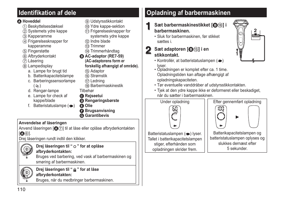 Opladning af barbermaskinen, Identifikation af dele | Panasonic ESLV65 User Manual | Page 110 / 282