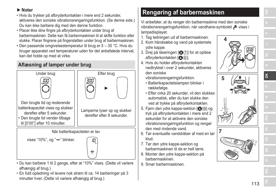 Rengøring af barbermaskinen, Aflæsning af lamper under brug | Panasonic ESLV65 User Manual | Page 113 / 282