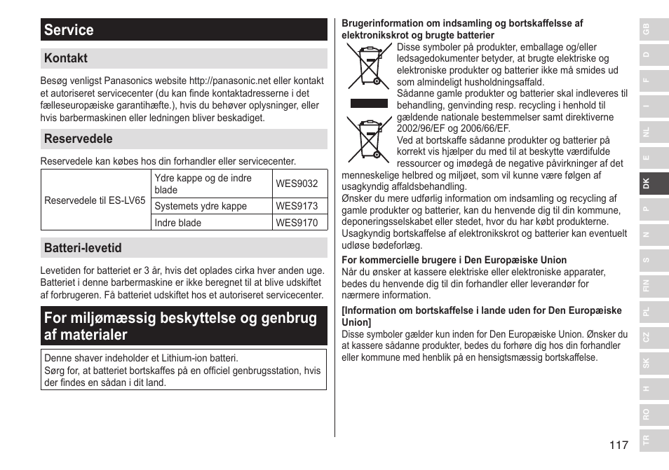 Service, Kontakt, Reservedele | Batteri‑levetid | Panasonic ESLV65 User Manual | Page 117 / 282