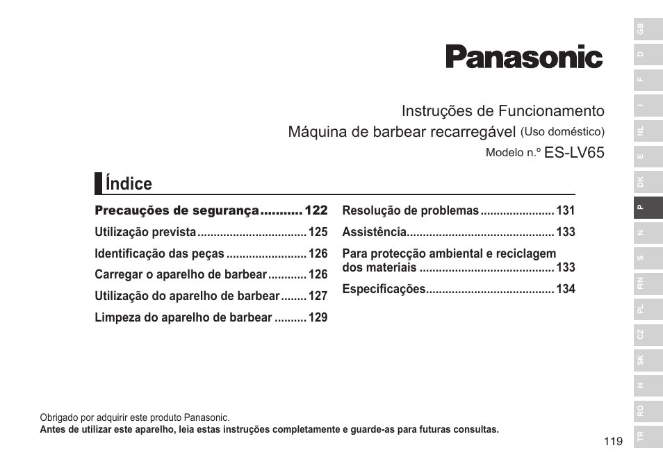 Índice, Es-lv65 | Panasonic ESLV65 User Manual | Page 119 / 282