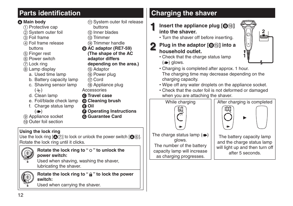 Charging the shaver, Parts identification | Panasonic ESLV65 User Manual | Page 12 / 282