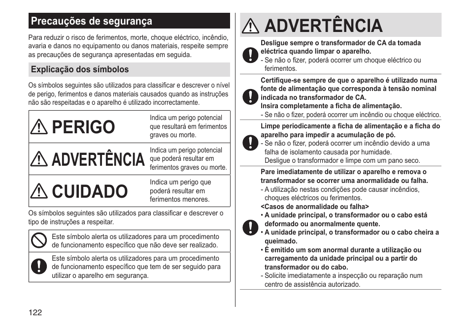 Perigo, Advertência, Cuidado | Precauções de segurança | Panasonic ESLV65 User Manual | Page 122 / 282