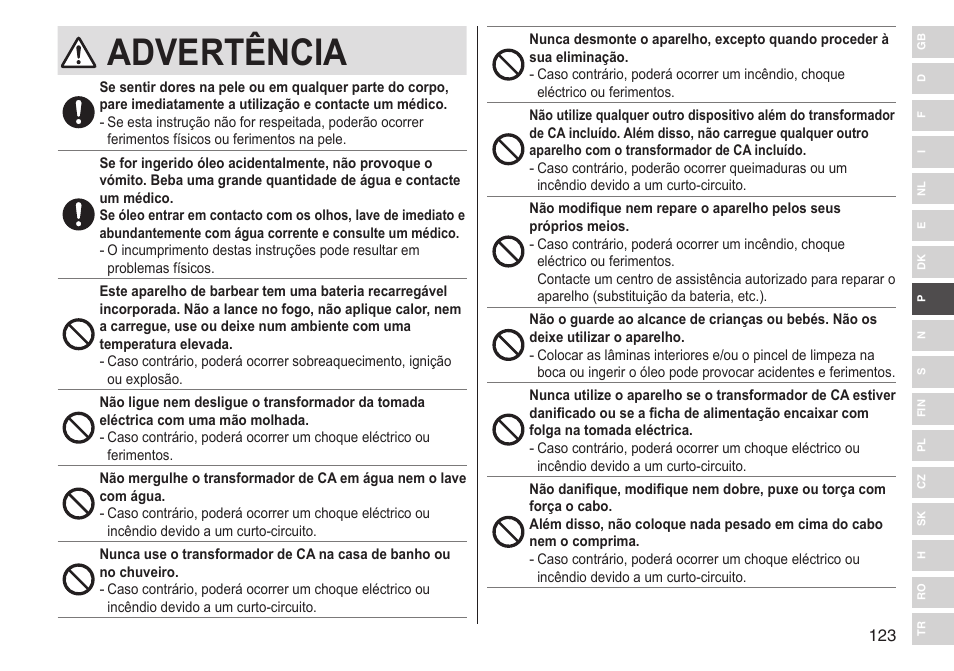 Advertência | Panasonic ESLV65 User Manual | Page 123 / 282