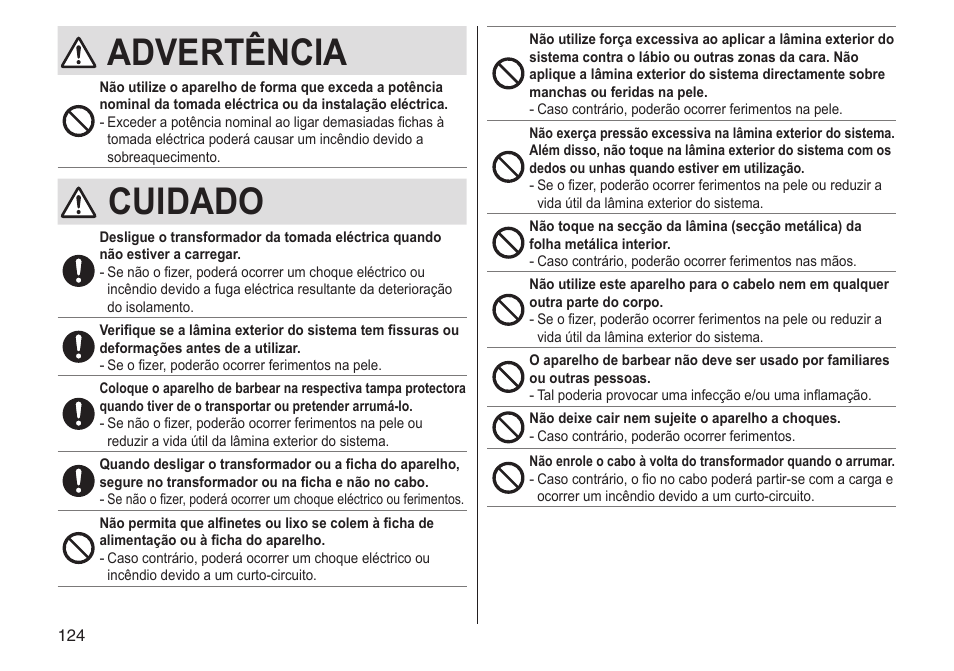 Advertência, Cuidado | Panasonic ESLV65 User Manual | Page 124 / 282